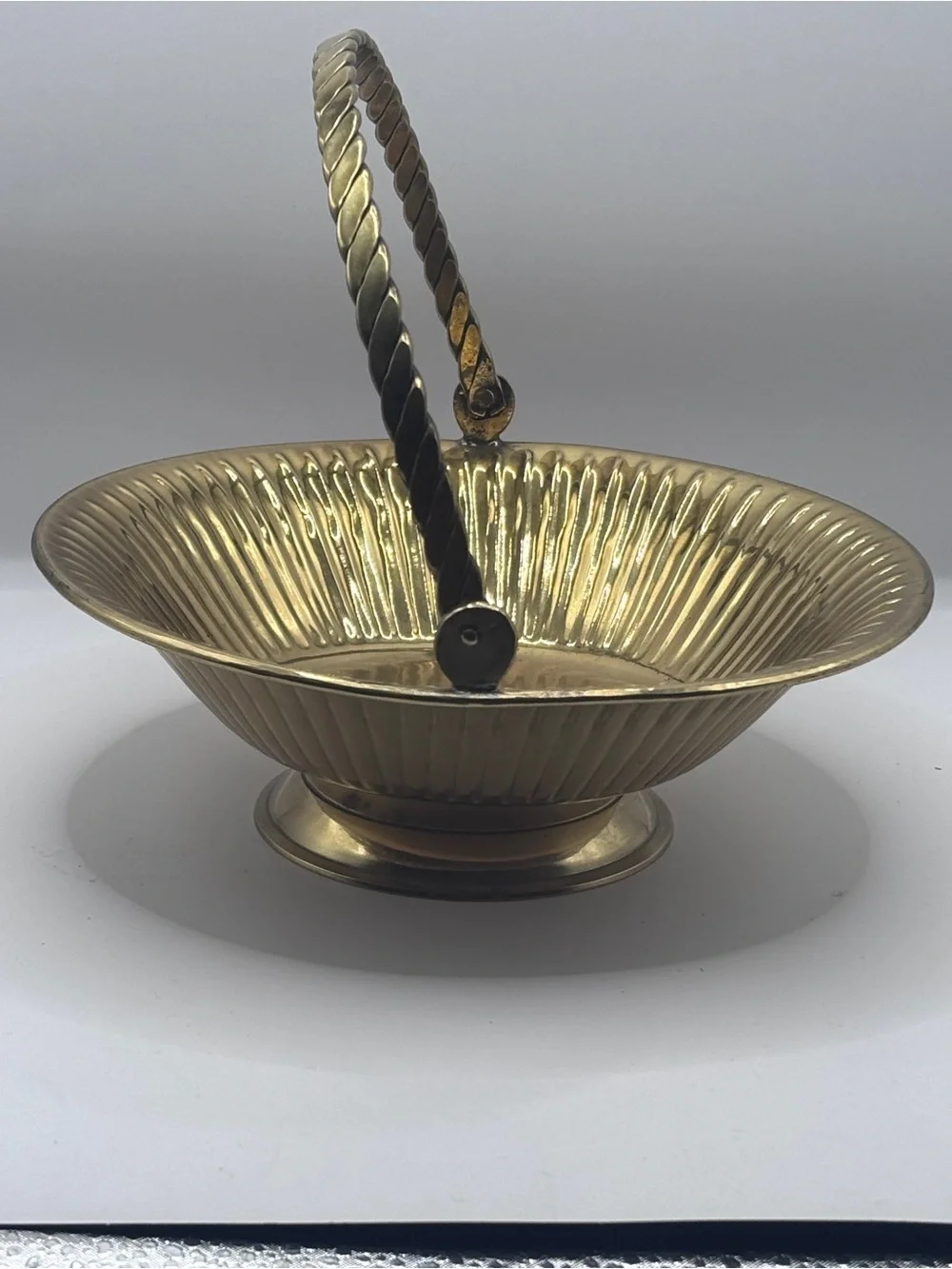 Vintage Sears Brass-Tone Ribbed Decorative Basket with Twisted Handle